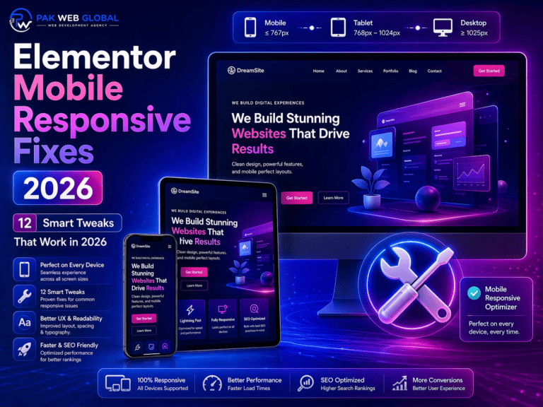 Elementor mobile responsive fixes guide cover image by PakWebGlobal