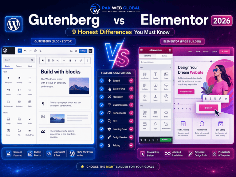 Gutenberg vs Elementor guide cover image by PakWebGlobal