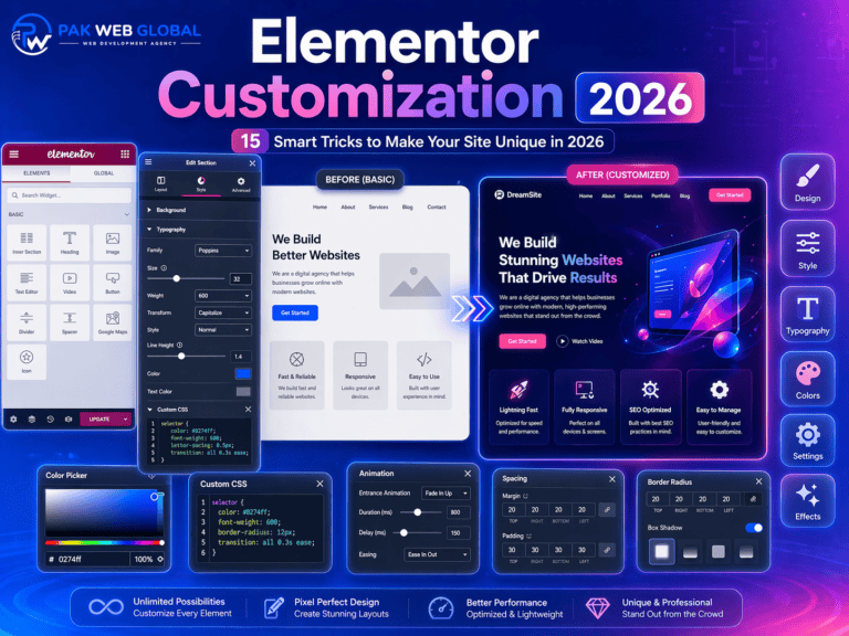 Elementor customization guide cover image by PakWebGlobal