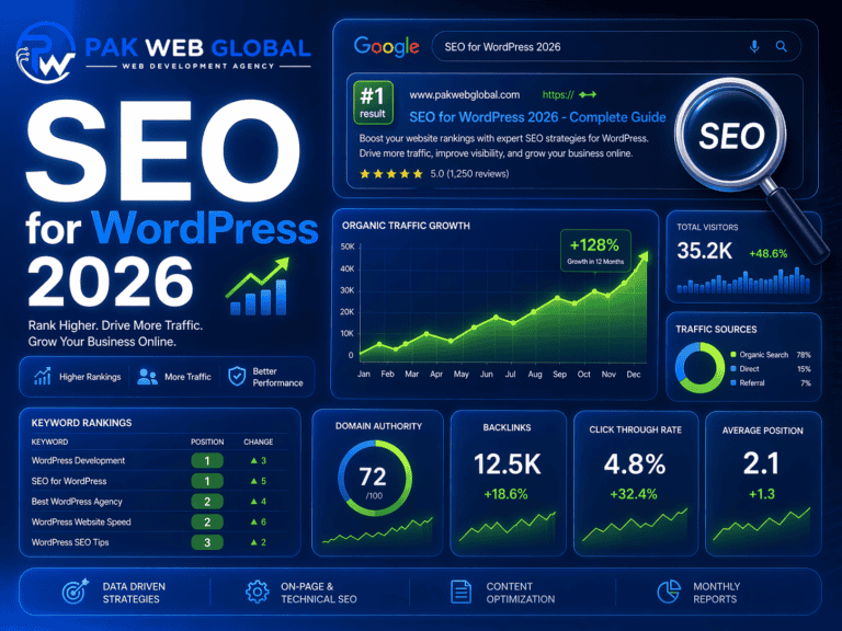 SEO for WordPress guide cover image by PakWebGlobal