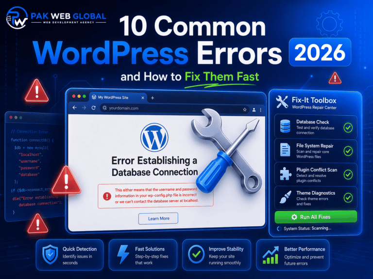Common WordPress errors guide cover image by PakWebGlobal
