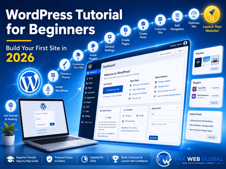 WordPress tutorial for beginners guide cover image by PakWebGlobal