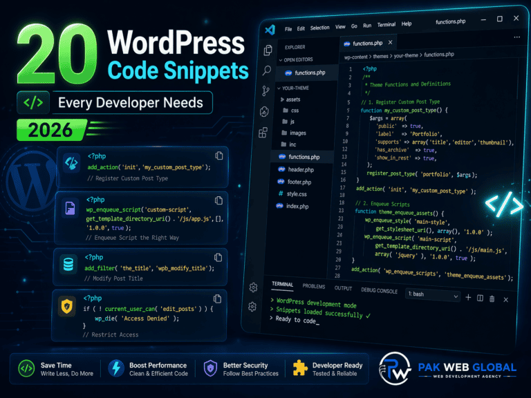 WordPress code snippets guide cover image by PakWebGlobal